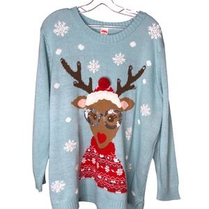 Holiday Time 4X (26-28w)Ugly Christmas Sweater Reindeer Sequin Blue Shimmer Knit